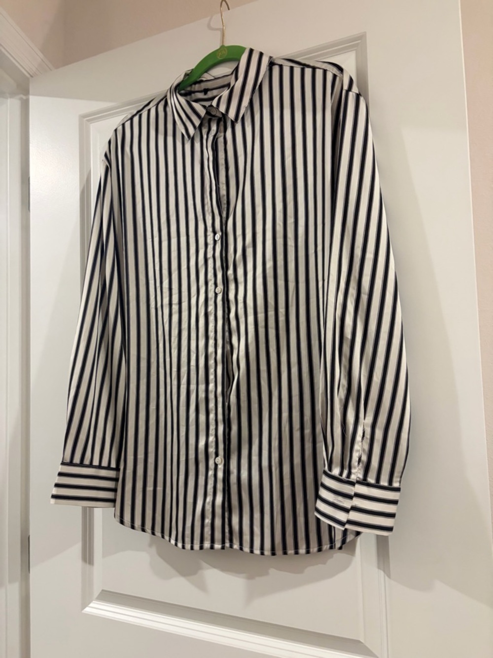 Women's Black and White Vertical Stripe satin Button-Down Blouse